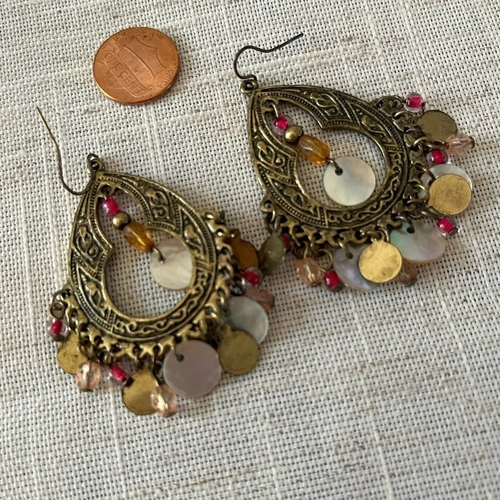 Vintage Bohemian brass mother of pearl earrings..